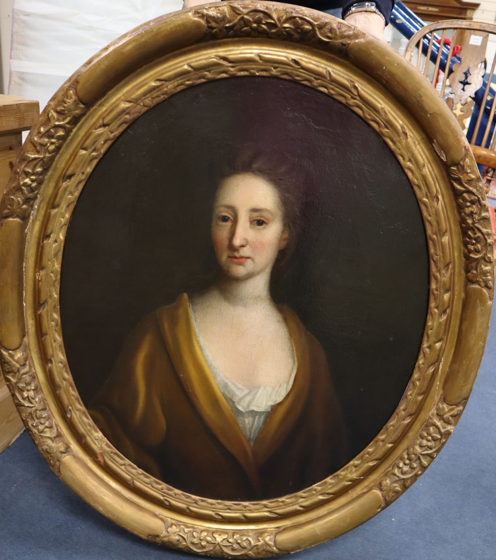 18th century English School, oil on canvas, Portrait of a woman wearing a brown dress, 74 x 61cm